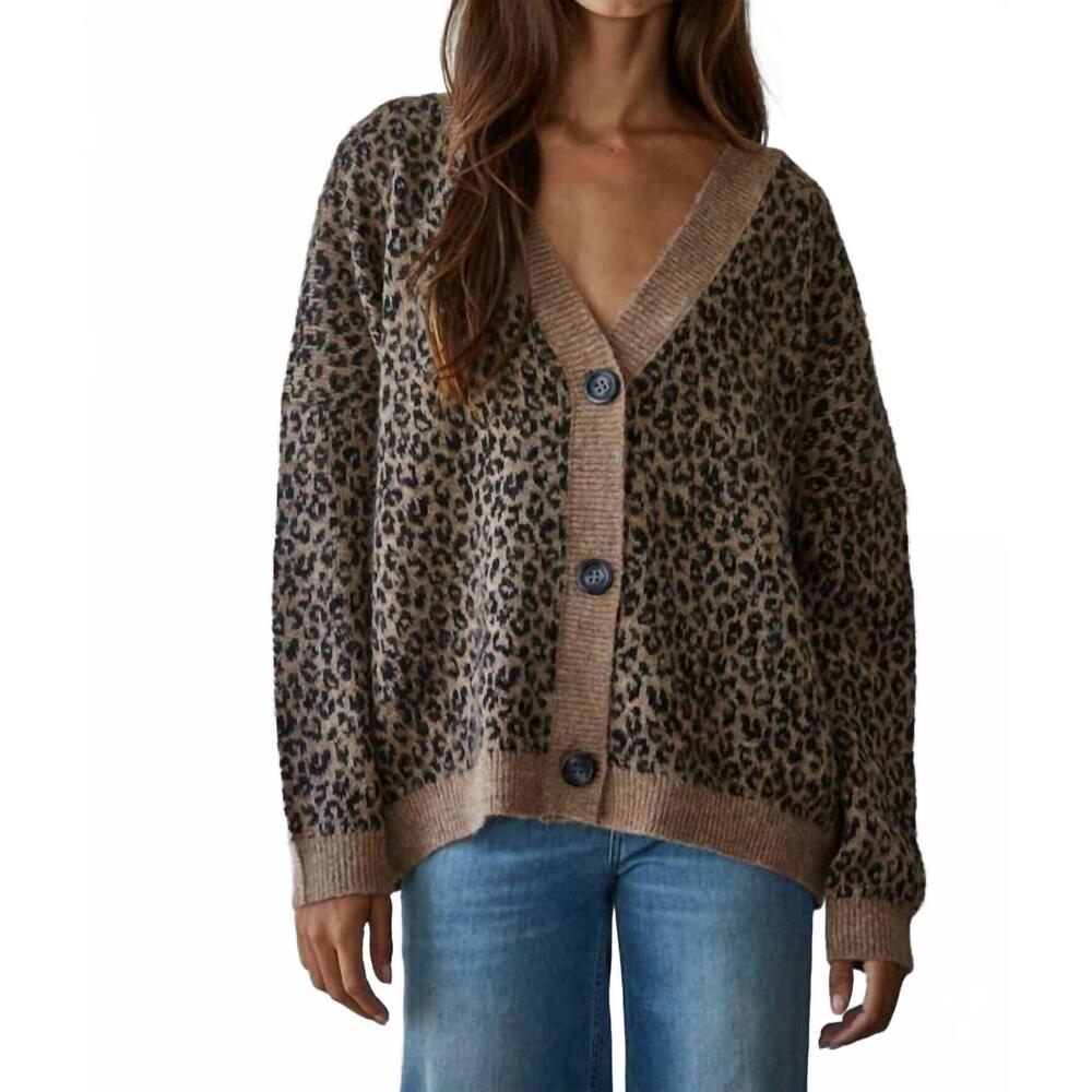 NEW BY TOGETHER leopard knit sweater cardigan in mocha black